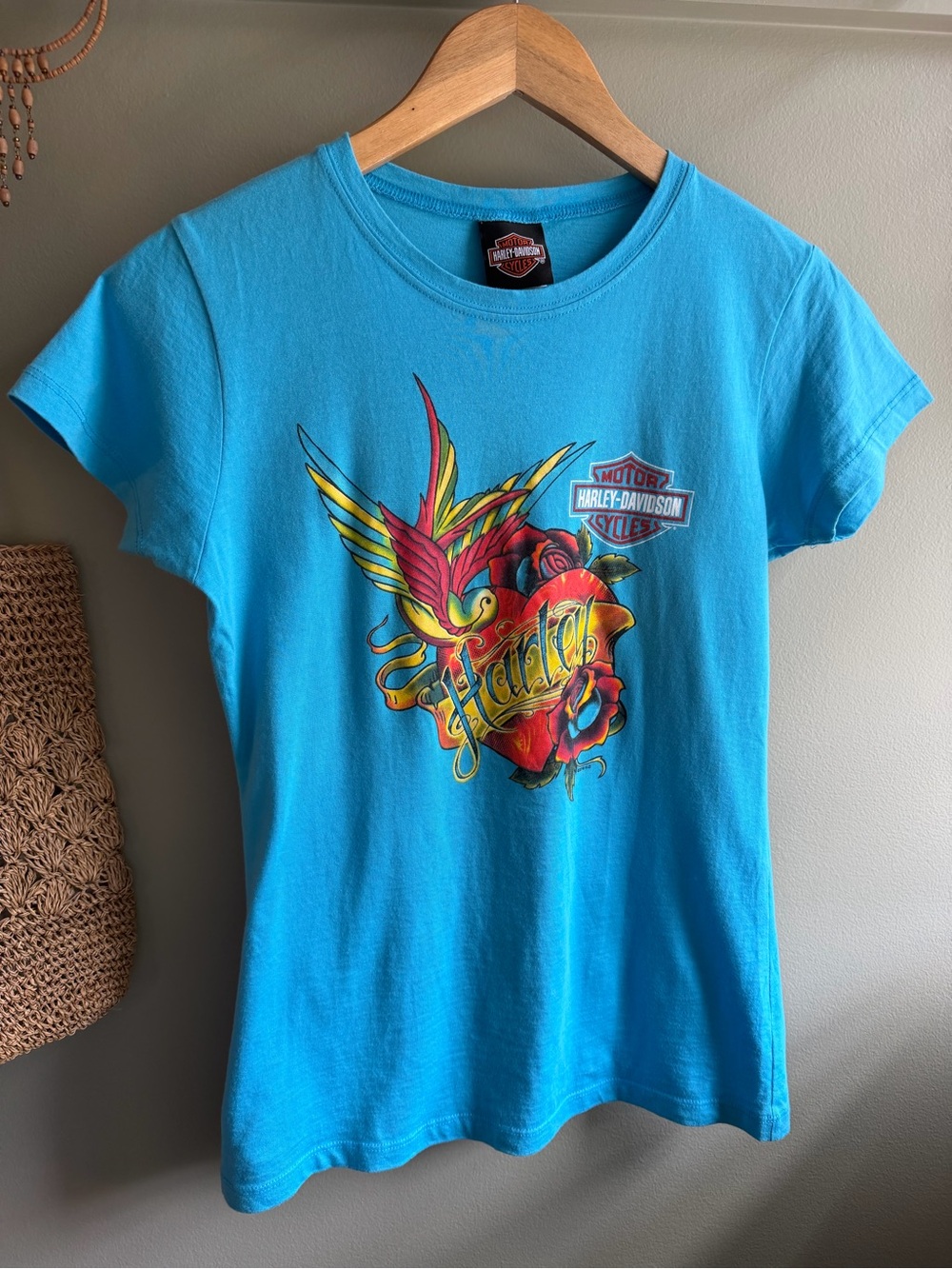 Harley Davidson Women’s Blue Sz Medium Y2K Graphic Fitted Baby Tee
